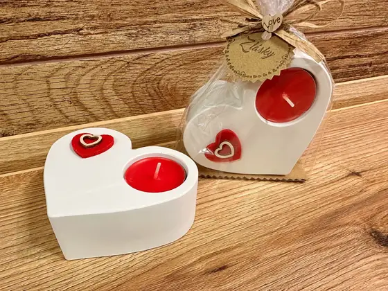 Srdce svícen + svíčka – sádrové odlitky, ruční výroba